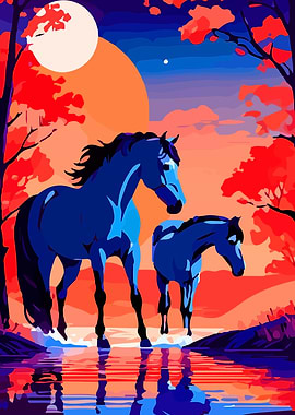 Blue Horses at Sunset