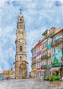 Porto, Portugal. Watercolor of Torre dos Clerigos Tower and old traditional buildings