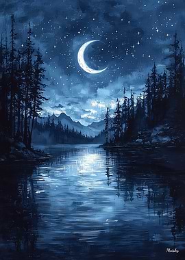 Moonlit Lake Reflection in Monochrome Blue