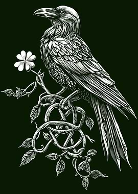 Raven on Branch with Four Leaf Clover