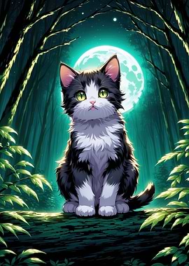 Cat in Moonlight Forest