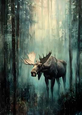 Moose in Foggy Forest