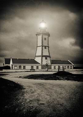 Old lighthouse on a storm night at Dusk. Cabo Espichel Cape Lighthouse Portugal