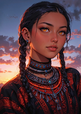 Woman with Braids and Jewelry: Oracle of the Crimson Dusk
