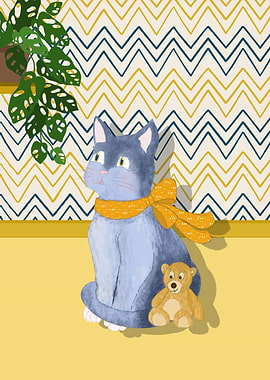Friends - Cat with Teddy Bear Illustration