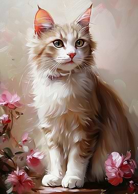 White Cat with Pink Flowers