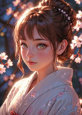 Anime Girl in Kimono: Blossom's Embrace