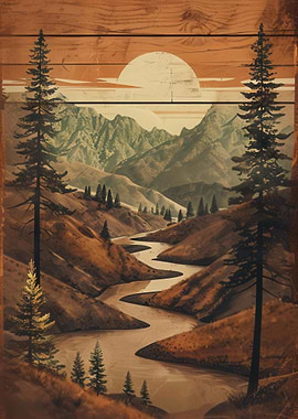 Mountains at River by Sunset