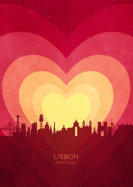 Lisbon Portugal Skyline Hearts Red Yellow