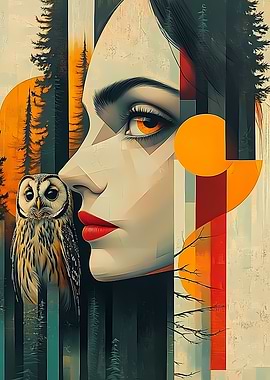 Woman and Owl in Forest
