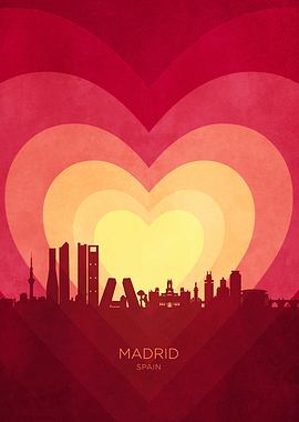 Madrid Spain Skyline Hearts Red Yellow