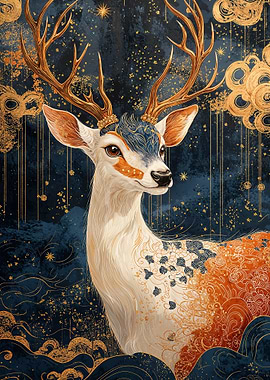 Golden Deer with Starry Night