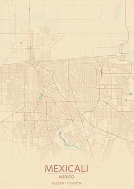 Mexicali Mexico Vintage Style City Map