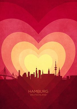 Hamburg Germany Skyline Hearts Red Yellow