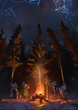 Nighttime Campfire with Animal Friends