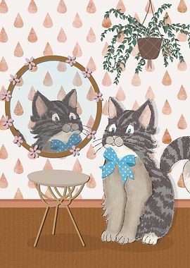 Tabby Cat With A Blue Bow - Illustration