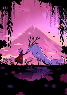 Girl and Deer in Pink Landscape