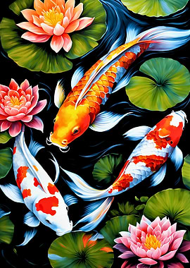 Koi Fish and Lotus Flowers