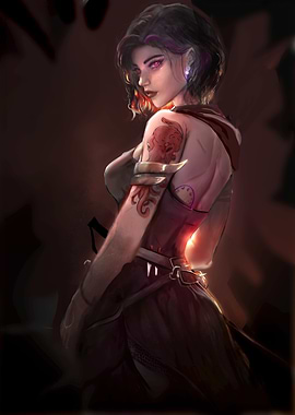 Dark Tattooed Woman with Octopus Ink and Purple Hair