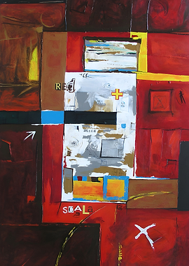 Abstract Painting Urban Architecture with Squares, Lettering and Collage