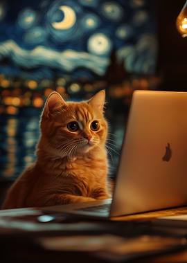 Funny Orange Cat Using Laptop in Starry Night