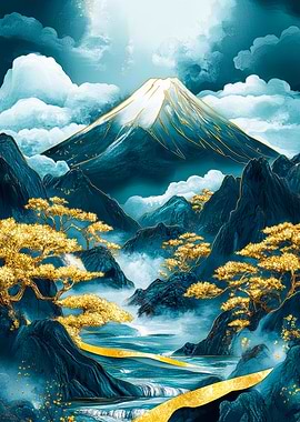 Mount Fuji Celestial Gold and Blue