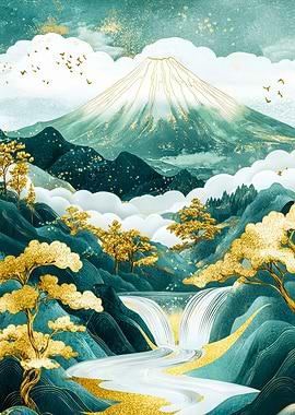 Mount Fuji Gilded Cyan Dreams Art