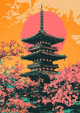 Japanese Pagoda Sunset Minimalist Art