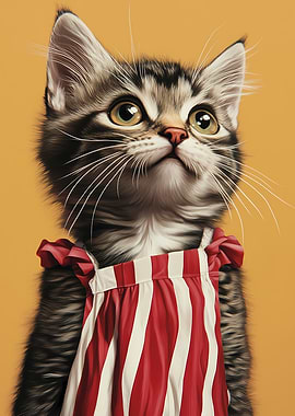 Cute Kitten in Striped Dress
