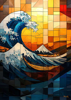 The Great Wave Stained Glass Mosaic Artwork