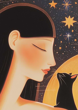 Woman and Cat Under Stars