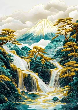 Mount Fuji Celestial Gold And Blue Art
