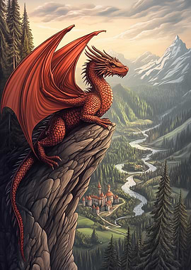 Red Dragon on Mountaintop