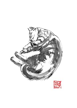 Sleeping Cat Ink Painting