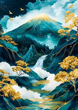 Mount Fuji Celestial Gold And Blue Art