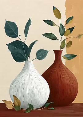 Vases with Green Leaves
