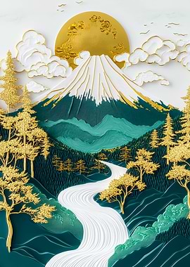 Mount Fuji Celestial Gold And Blue Art