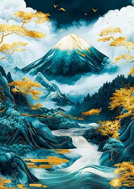 Mount Fuji Celestial Gold And Blue Art