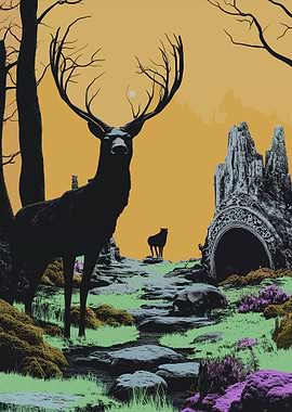 Silhouetted Deer in a Mystical Forest