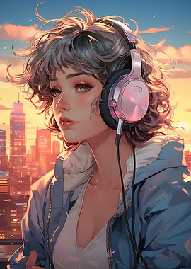 Anime 80s Girl with Headphones
