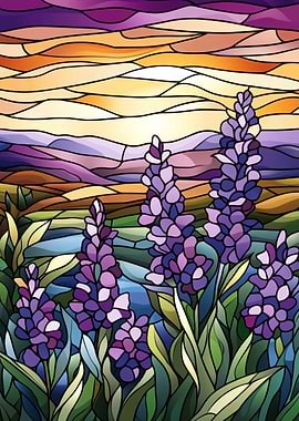 Stained Glass Sunset Landscape