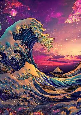 The Great Wave Synthwave Cyberpunk Artwork