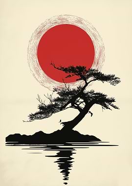 Japan Tree and Red Sun