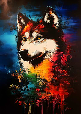 Wolf Portrait with Floral Background