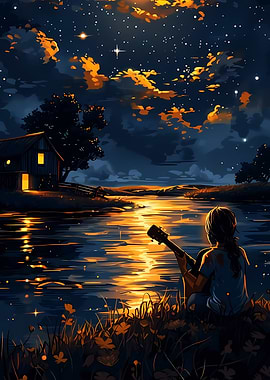 Nighttime Guitar by the Lake