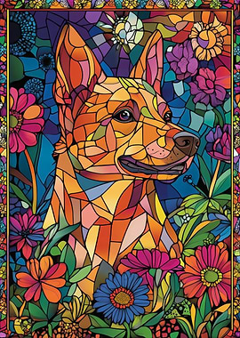 Dog in Flowers Stained Glass
