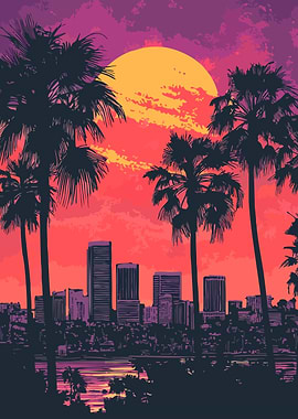 80s Synth Vibe City Sunset Art
