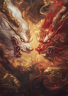Mythical Beasts Clashing Amid Golden Flames