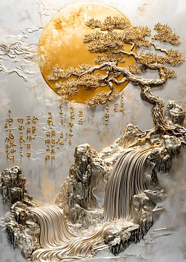 Gold Waterfall & Pine Tree