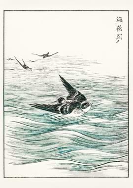 Swallows Over Waves, traditional japanese painting